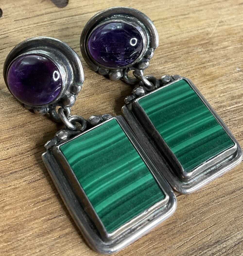 Vintage Roie Jaque Navajo Native American 925 Sterling Malachite Dangle Earrings